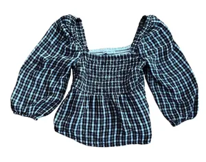 Abercrombie & Fitch Y2K Smocked B&W Gingham Square Neck Peplum Top Puff Sleeves thumbnail 1