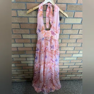 Amanda Uprichard Estella Maxi Dress Pink Tie Back Butterfly Ruffled Gown Size L thumbnail 3