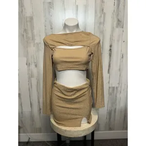 Gold Shimmer Two Piece Set Long Sleeve Crop Top & Mini Skirt Size Large thumbnail 2