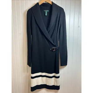 Lauren Ralph Lauren Black Dress with WHITE Hem Stripe and Side Buckle Size M. thumbnail 2