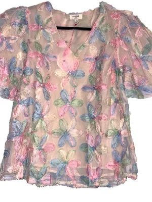 Umgee Pastel Floral Appliqué Sheer Sequin Blouse thumbnail 2