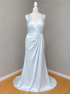 #225 Pale blue satin gown V-Neck Pleated Side Slit A-line Dress-XL/Size 14/16 thumbnail 4