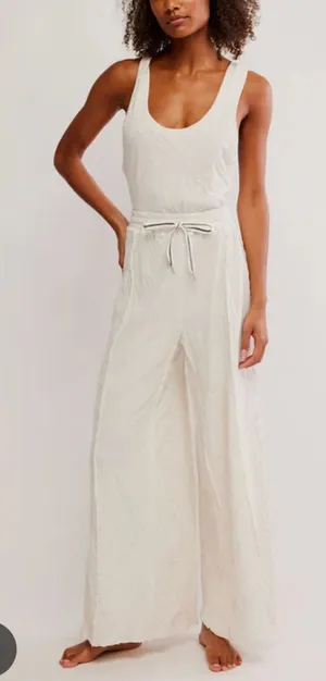 Free People Cream Wait A Minute Jumpsuit Womens M Casual Wide Leg Athleisure thumbnail 1