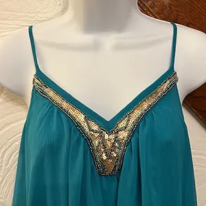 Express Babydoll Dress Womens Teal Blue Sequin Beaded V-Neck‎ Chiffon Small thumbnail 3