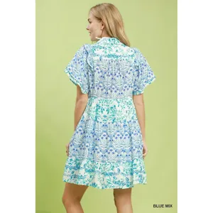 Umgee Mixed Floral Tiered Mini Dress with Flutter Sleeves - Blue mix - large thumbnail 3