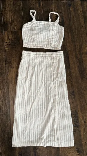 Forever 21 Ivory and Tan Striped Button Crop Tank and Midi Skirt Set thumbnail 1