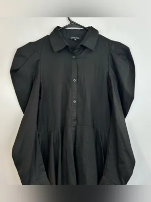 CQbyCQ Black High Low Button Down Avante Garde Puff Shoulder Shirt Dress Small thumbnail 2