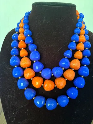 Triple Strand Chunky Bead Bib Necklace Blue Orange Florida Gators UF Faceted thumbnail 1