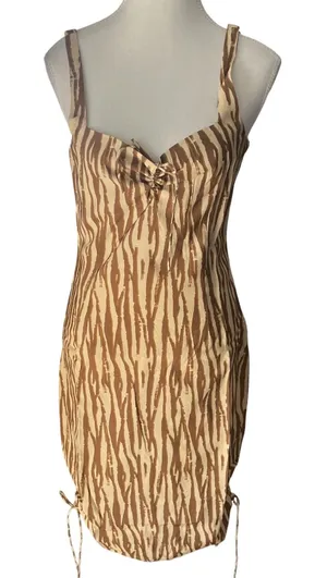 Backyard Roses Ryder Midi‎ Dress Womens Tan Brown Abstract Print Ruched Cinch XL thumbnail 1