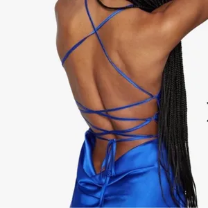 DANIELLE BERNSTEIN Blue Satin Lace Up Midi Dress thumbnail 2
