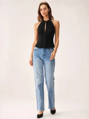 Rihoas Black Mandarin Collar Cut Out Tank Top thumbnail 3
