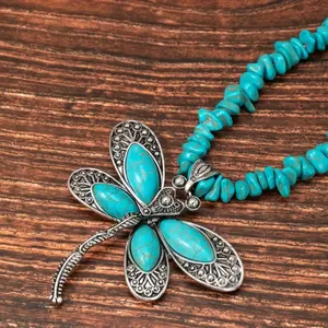 Boho Retro Inspired Dragonfly Vibrant Blue Hue Genuine Turquoise Accent Necklace thumbnail 3