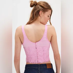 Free People Lace Corsette Style Tank Top Pink Sugar Crop Casual Cropped Buttons thumbnail 2