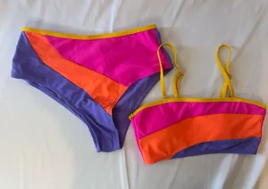 Colorblock Bandeau Bikini Set in Pink, Orange & Purple with Yellow Trim thumbnail 1