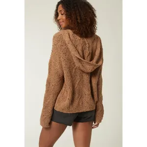 ONEILL Serefina Hooded Sweater M/L Camel Brown Chunky‎ Knit V-Neck Boho Coastal thumbnail 2