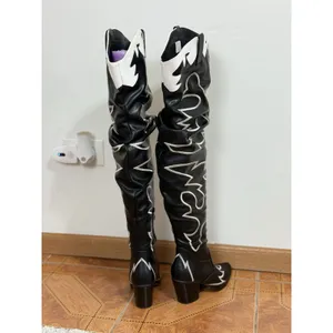 Women's Black & White Cowboy Western Boots Knee High Embroidered Block Size 6 thumbnail 8
