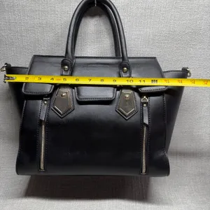 Black Faux Leather Satchel Handbag‎ Large Tote Purse Gold Hardware Edgy Workwear thumbnail 5