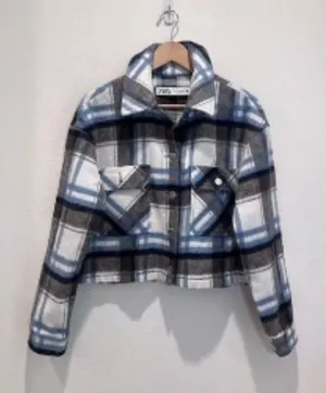 Zara Cropped Plaid Overshirt Flannel Motorcycle Checkered Jacket thumbnail 1