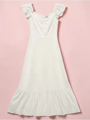 Reformation Ivory Midi Dress Puff Sleeve Ruffle Hem Size 8 thumbnail 2