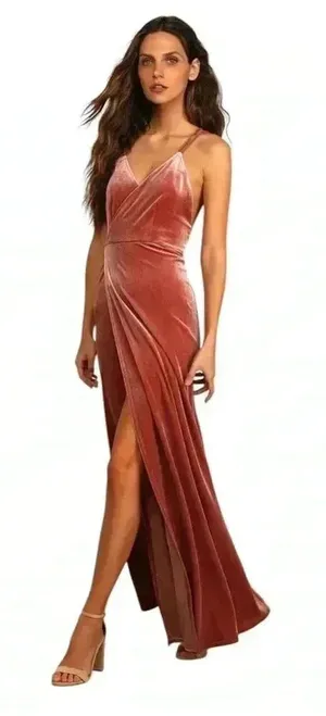 Lulus whimsical romance pink velvet faux-wrap maxi dress slits size medium.I#67 thumbnail 1