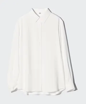 UNIQLO Women's L White Solid Collared Long Sleeve Button Women's Rayon Blouse thumbnail 1