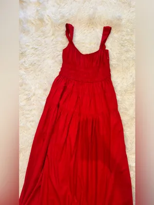 NEW DÔEN Clover organic Cotton Deep tomato Red Sleeveless Midi-Dress SZ M thumbnail 5