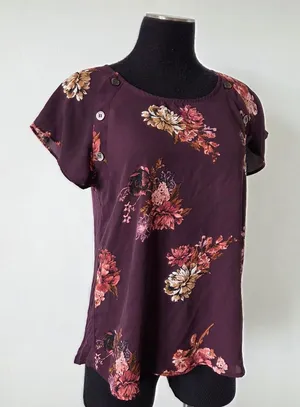 Maurices Purple Floral Short Sleeve Blouse Top Forest Fairy Goblincore Office M thumbnail 1