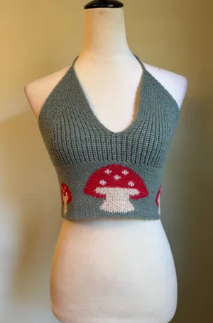 Green Mushroom Knit Halter Crop Top Cottagecore Shirt Small boho whimsigoth y2k thumbnail 1
