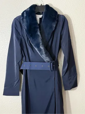 NEW Naked Wardrobe Navy Blue Faux Fur Collar Belted Long Coat Small Winter Lux thumbnail 6