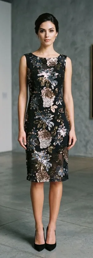 VTG Y2K Cache Floral Sequin Black Sparkle Sheath Cocktail Dress Medium. thumbnail 1