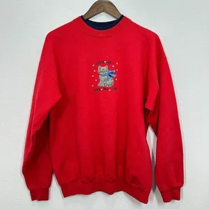 Vintage Embroidered Cat Lady Love My Cat Double Collar Red Blue Sweatshirt Large thumbnail 1