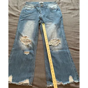 Melarey Blue Distressed Wide Leg Jeans Light Wash Frayed Hem Size L thumbnail 8