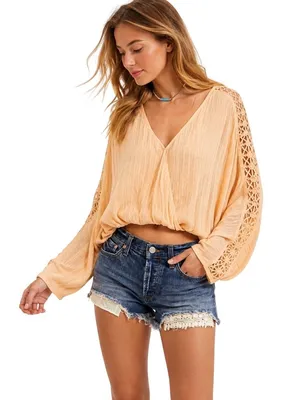 Free People Lace Sleeve Peach V-Neck Blouse Womens Size S thumbnail 1