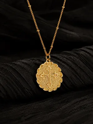 14K Gold Vintage Cross Coin Pendant Necklace Textured Medallion 19-22” Preppy thumbnail 2