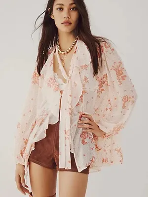 Free People Women’s Dreamland Printed Tunic Top Semi-Sheer in Floral Print L thumbnail 1
