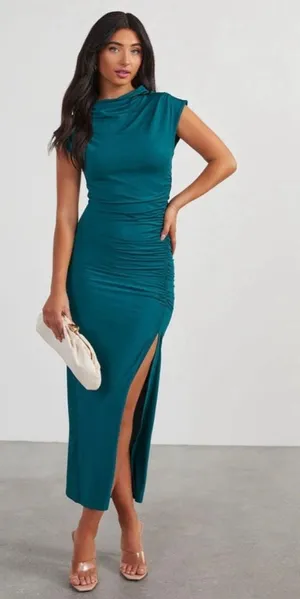 ✨VICI Elisabeth Mock Neck Side Slit Ruched Midi Teal Sz Medium Dress✨ thumbnail 1