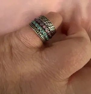 Stackable Silver Tone Ring Set of 4 with Purple and Teal Beads thumbnail 1