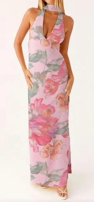 Floral V Neck Maxi Dress with Scarf thumbnail 1