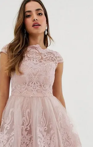 Chi Chi London Lace Premium Lace Midi Prom Dress With Bardot Neck In Mink thumbnail 1