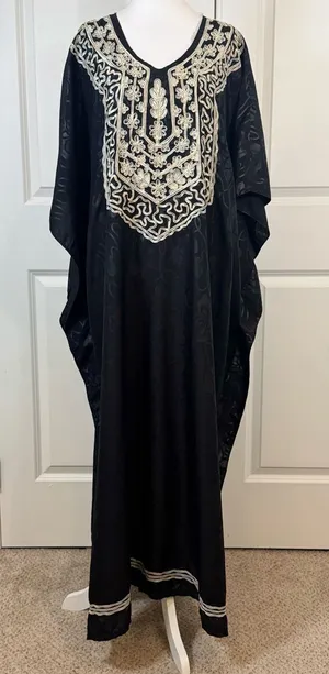 Ashro Black Gold Embroidered Caftan Kaftan Maxi Dress One Size Resort Cruise thumbnail 1
