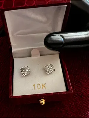 10K Yellow Gold Crystal Encrusted Square Stud Earrings thumbnail 1