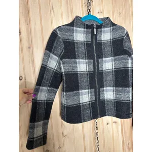 Armani Exchange 100% Wool Black Plaid Full Zip Jacket Cabincore Womens Sz S thumbnail 3
