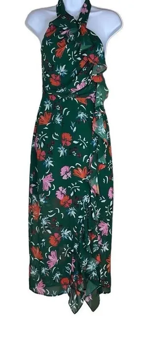 C/MEO Collective Elude Midi Dress Green Floral Front Ruffles‎ Halter Neck XS thumbnail 1