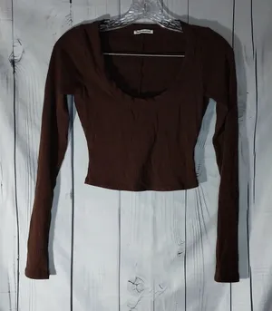 Reformation Paige Brown Ribbed Scoop Neck Long-Sleeve 90’s Y2K Neutral Crop Top thumbnail 1