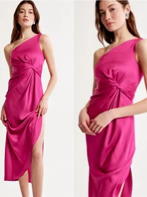 Abercrombie & Fitch Fuchsia Satin One Shoulder Ruched Midi Dress XL Wedding thumbnail 2