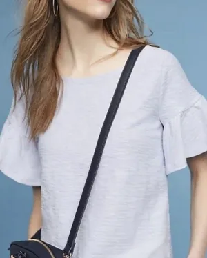 Anthropologie Postage Stamp Ruffle Sleeve Light Blue Curved Hem Cotton Top Small thumbnail 1