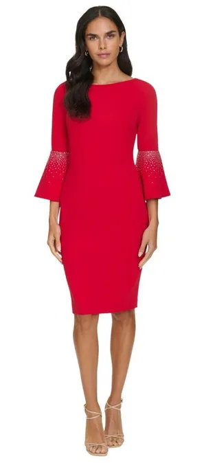 Calvin Klein Womens Embellished Bell Sleeve Back Zip Dress CD4CC3D8 Red 6 thumbnail 1