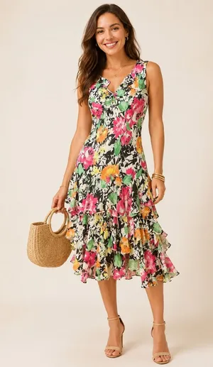 RALPH LAUREN 14P Dress Chiffon Floral Ruffle Midi Y2K Vtg V-Neck Fairy Sundress thumbnail 1