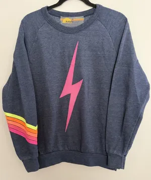 Aviator Nation Lightning Bolt Neon Chevron 5 Stripe Crew Sweatshirt Size Medium thumbnail 1