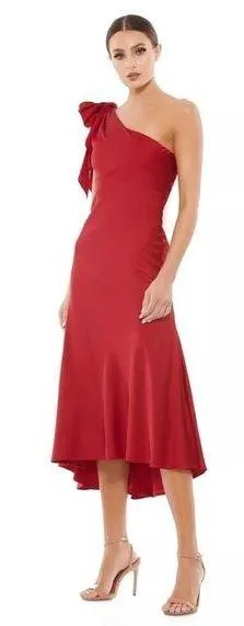 MAC DUGGAL One-Shouder Bow Satin Midi A-Line Dress in Deep Red Size US 8 thumbnail 1